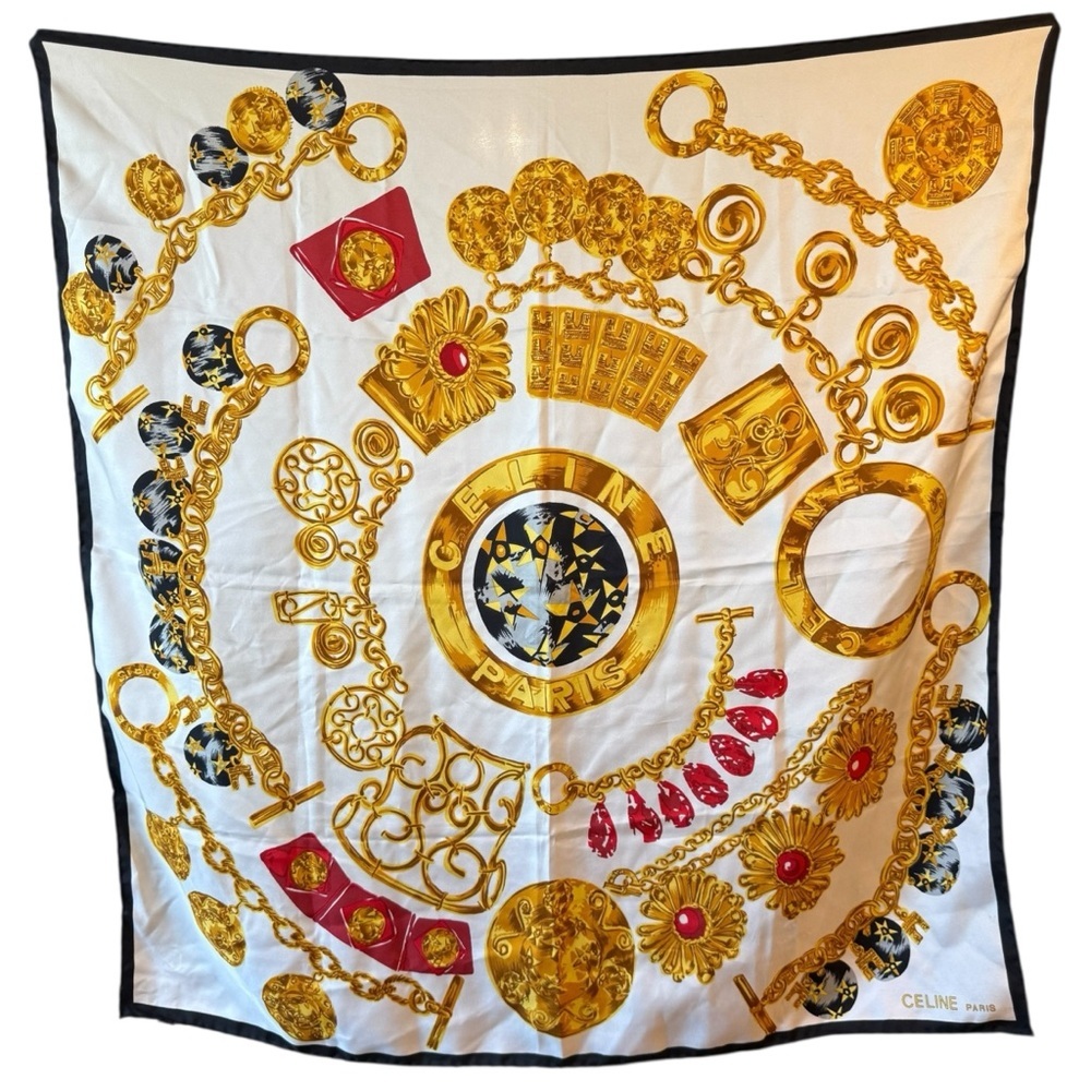 Vintage Women’s Celine Paris Silk Scarf. Gold chain & jewelry motifs. 100% Silk